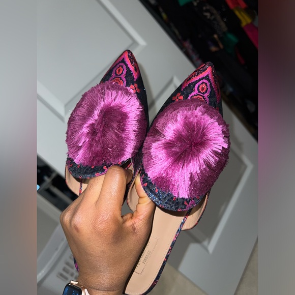 Size 41 - Aquazzura Powder Puff Pompom embellished Metallic Jacquard Mules - Picture 13 of 15